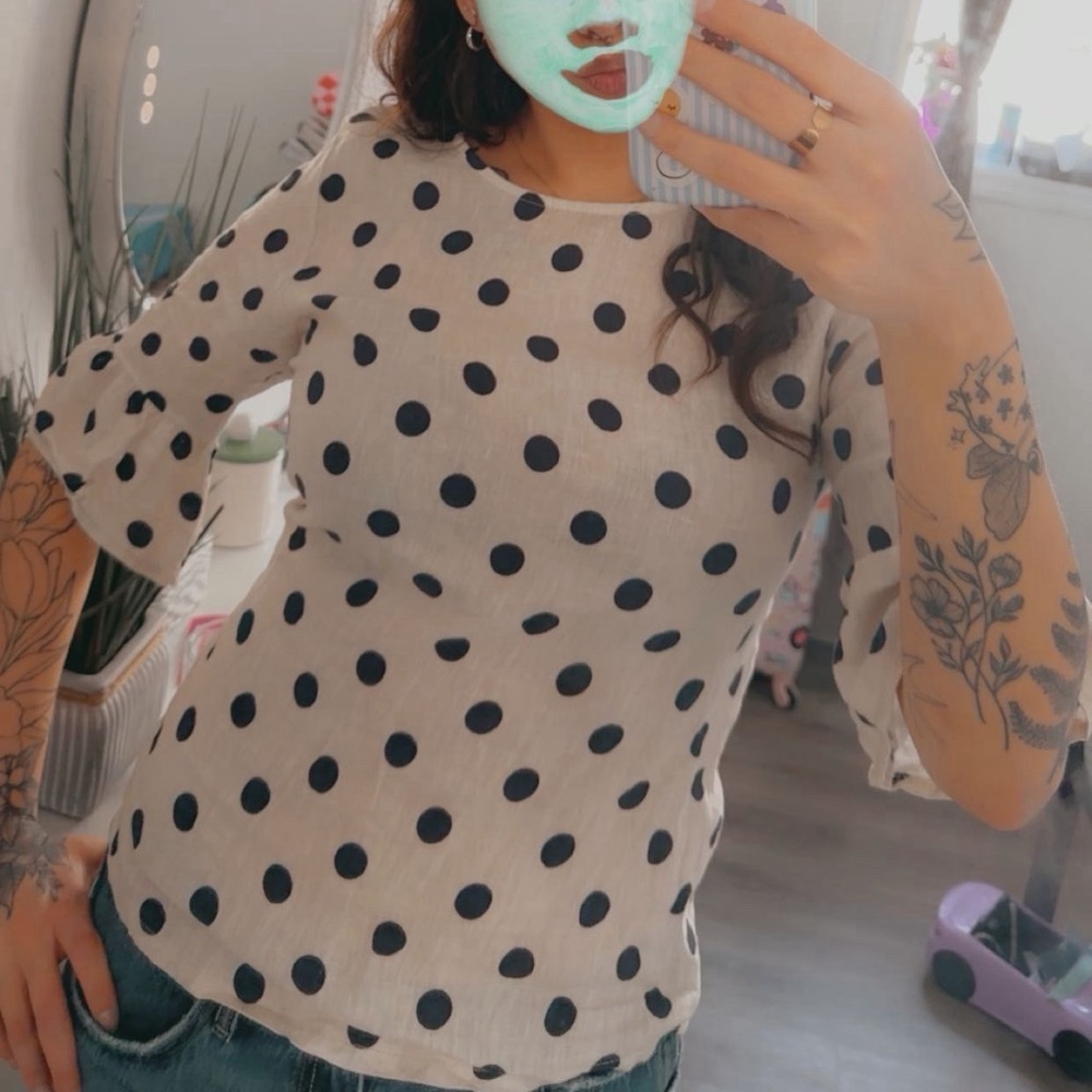 Linen Blouse with Navy Polka Dots - Picture 3 of 3
